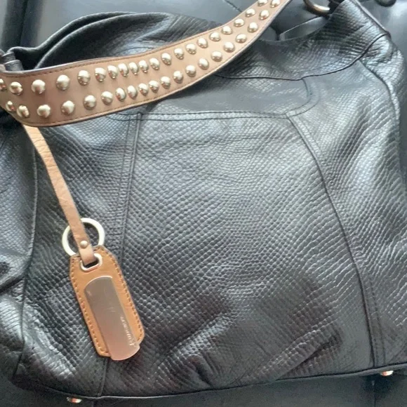 B. Makowsky Black Leather Handbag Studded strap - Picture 5 of 9